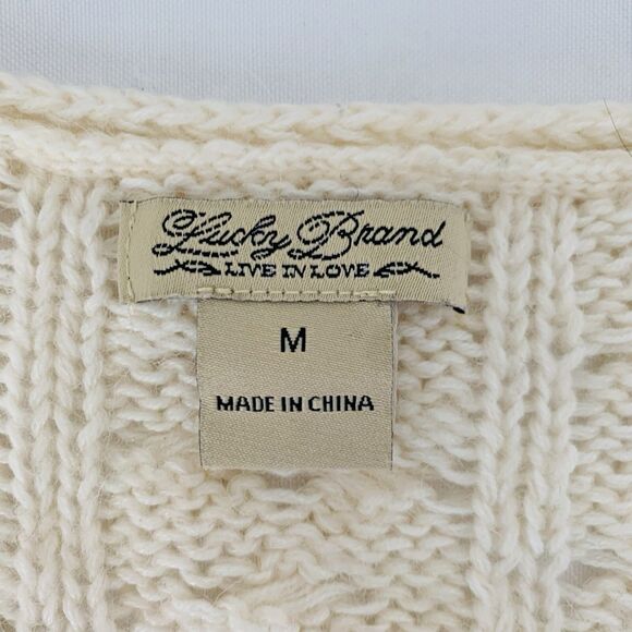 Lucky Brand Sweater Women M Ivory Open Cable Knit Crochet Boho Cottage Preppy - Picture 3 of 7